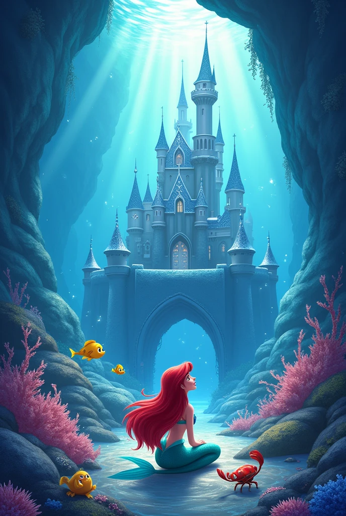 Cover for notebooks with the image of Ariel the little mermaid in the castle at the bottom of the sea, with pink tones and the words written LAURA KATHALINA