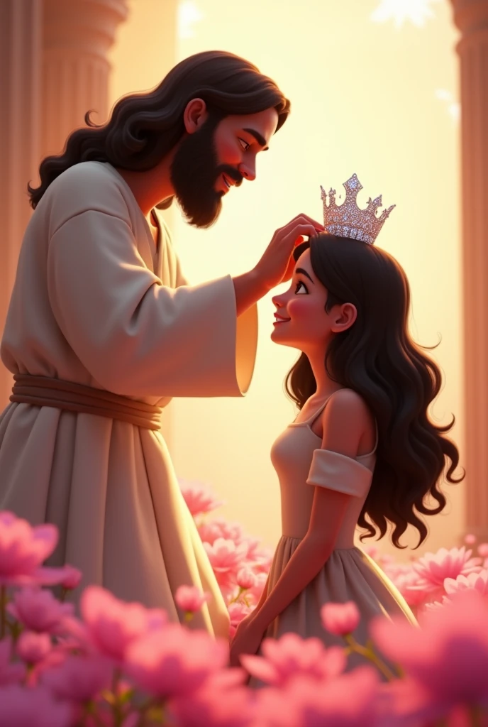 jesus crowning a 15 year old girl pixar style, The young woman is kneeling and is wearing a short-sleeved dress with exposed shoulders. , Jesus is wearing the delicate diamond crown on top of the young woman's head ready to place the crown on the young woman's head, place surrounded by pink flowers, Her hair is thick and very black, she laughs quietly deep down, round faces