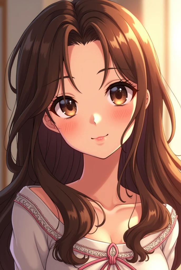 Anime An 31-year-old woman, with long brown hair, round face, charming smile, and brown eyes. Desenho Pack