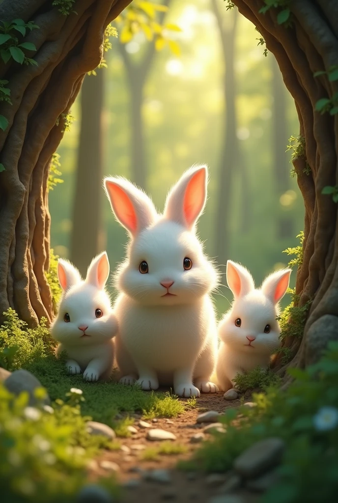 A realistic image of the mother rabbit, the same soft and fluffy white rabbit, standing at the entrance of the burrow, looking outside into the forest. The baby rabbits are cautiously peeking out from behind her, curious yet hesitant about the outside world. The forest is lush and green, with sunlight filtering through the trees.