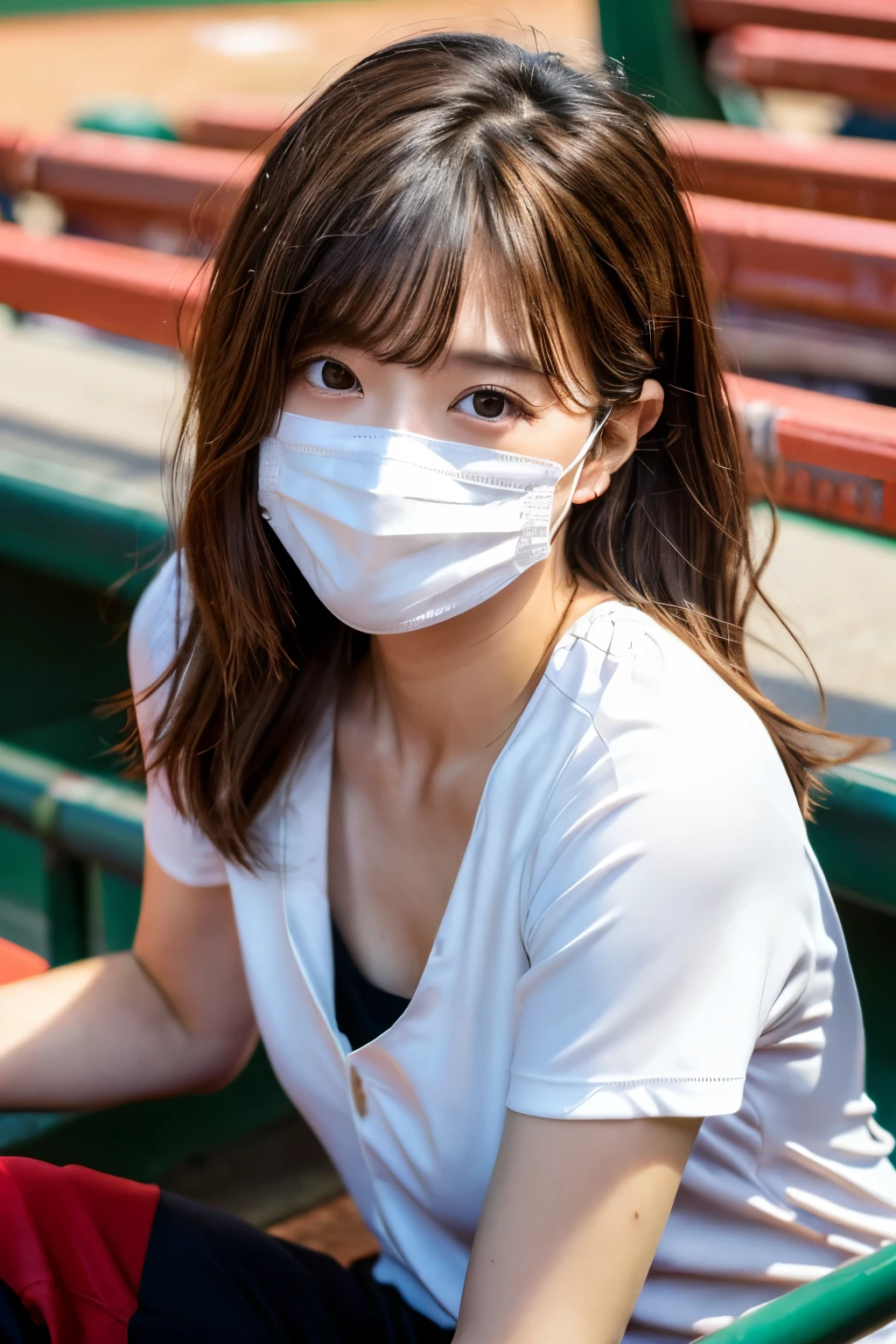 (8k, RAW Photo, Best Picture Quality, Masterpiece:1.2), (Realistic, Photorealistic:1.37), Natural, Ultra High Quality, Super Detail, Super Fine, Fine Skin, Sharp Focus, Bokeh, Glossy, Depth of Field, Shiny Hair, Shiny Skin BREAK 1 woman, Japanese, milf, (30yo:1.5 ), smooth skin, no makeup, long hair, (light brown hair:1.2), black eyes, shiny eyes,T-shirt,looking away,(white mask:1.3)

BREAK

 (down blouse:1.4), ((nipples, nsfw):0.4), (small breasts:1.1), (woman sitting in bleachers at baseball stadium:1.5), (top view:1.4), (baseball stadium spectator seat:1.2), (perfect anatomy:1.2) BREAK