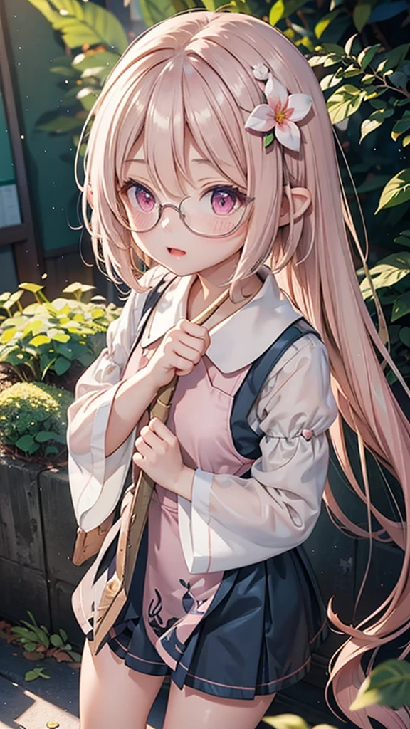 "Anime style young female character、Full body portrait。A tiny fairy, 15cm tall, with delicate, transparent wings on its back.。long-haired pink color、with large pink eyes。Wearing round glasses。White flower hair ornament。Wearing a pale pink dress、Puff sleeve design and above knee length。Slim figure。Standing barefoot。The background is lush nature、wood々surrounded by leaves。The character is a little shy and tilts his body.、Face-to-face pose。Overall a soft and gentle atmosphere。A fantastic atmosphere with dancing light particles。high quality digital art。"