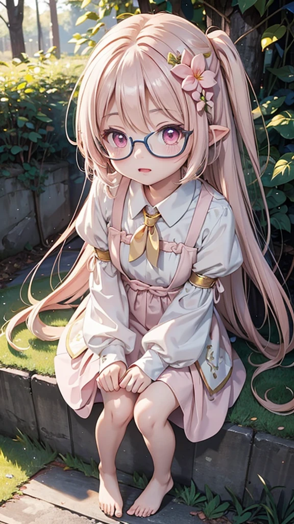 "Anime style young female character、Full body portrait。A tiny fairy, 15cm tall, with delicate, transparent wings on its back.。long-haired pink color、with large pink eyes。Wearing round glasses。White flower hair ornament。Wearing a pale pink dress、Puff sleeve design and above knee length。Slim figure。Standing barefoot。The background is lush nature、wood々surrounded by leaves。The character is a little shy and tilts his body.、Face-to-face pose。Overall a soft and gentle atmosphere。A fantastic atmosphere with dancing light particles。high quality digital art。"