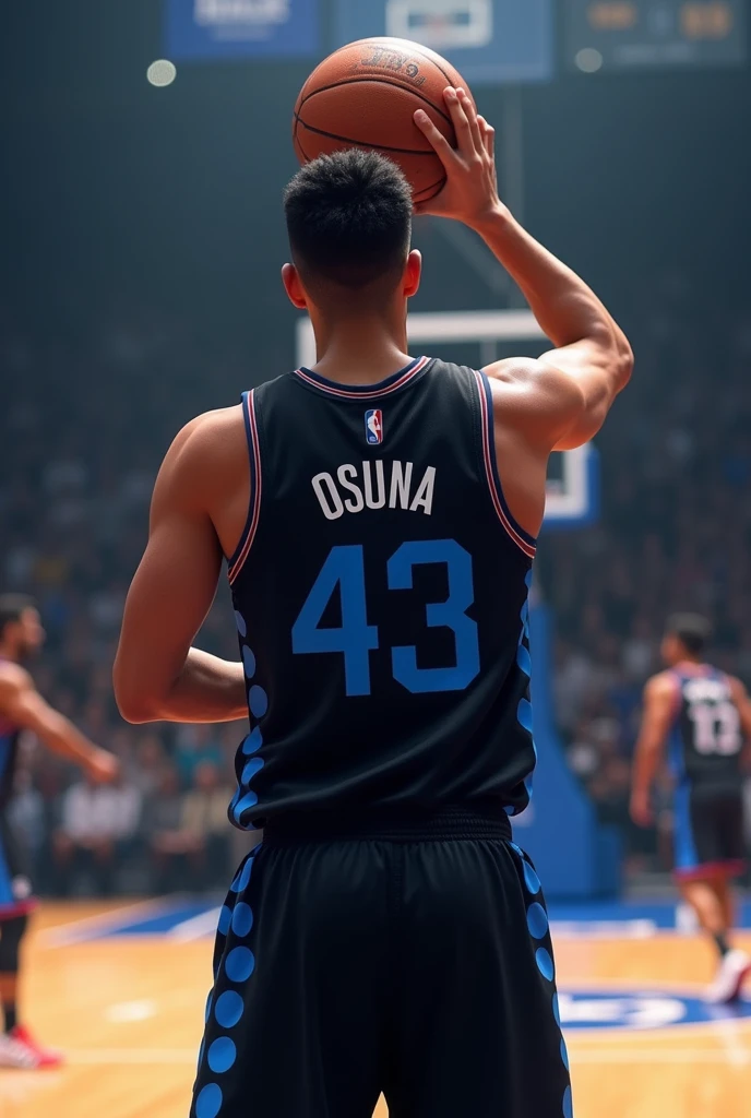 Young man turning his back, of some 23 years, with 1.93cm tall, with black basketball jersey and details in the form of blue circles, with the number 43, Shooting a three-point shot from midcourt with the surname Osuna, combed back