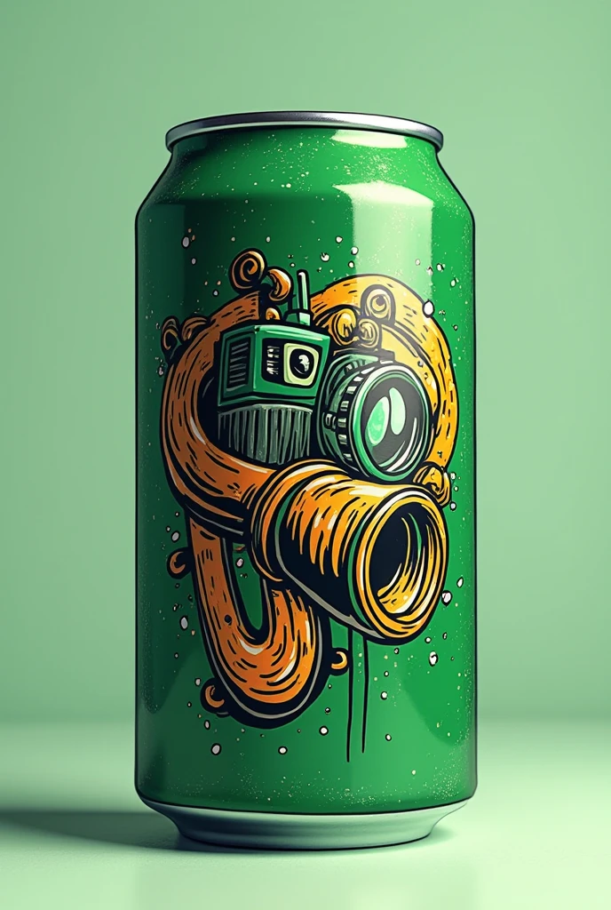 A dark green can logo, with a comic style, bottomless, Put a logo on the can that includes a camera, some drumsticks and a cornet