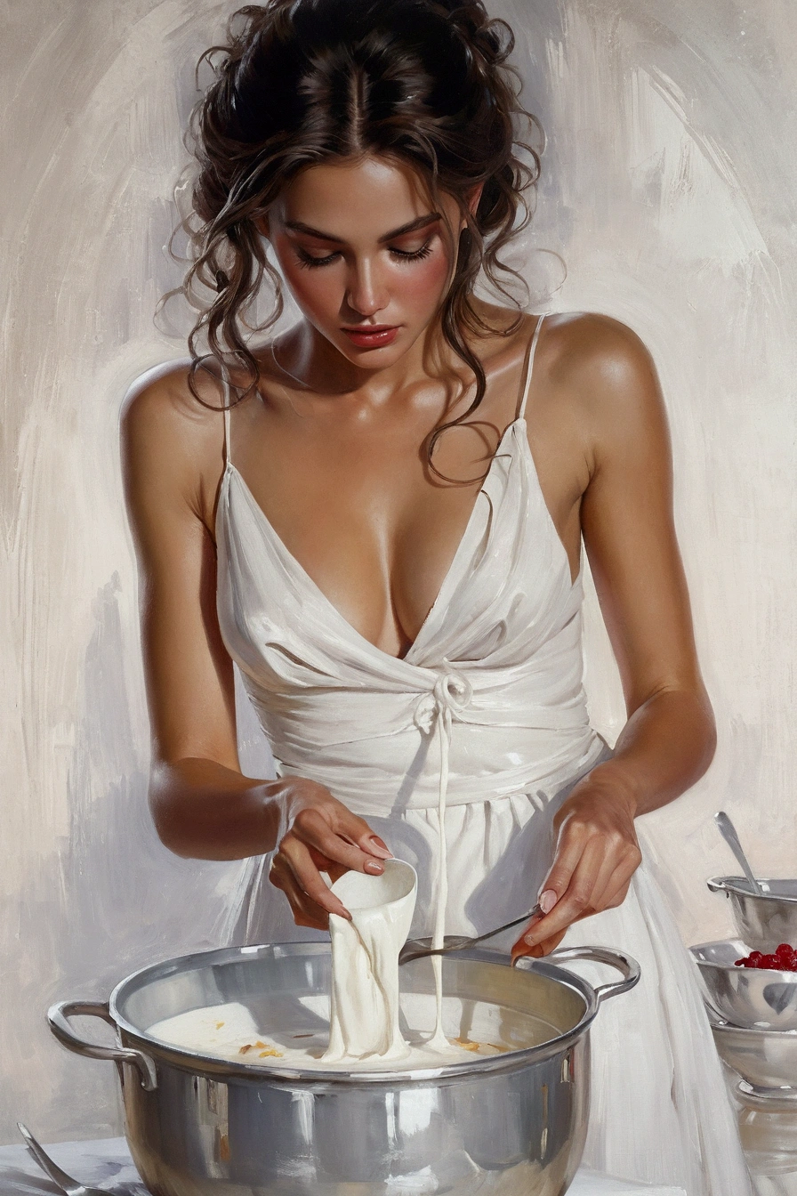 UHD ultra precise 8K digital copy of a painting of a woman in a white dress mixing a bowl of food, sensual painting, karol bak uhd, gorgeous woman, perfect detail, nick alm, diego dayer, baking artwork, gorgeous painting, mixed art, painting of a woman, fully clothed. painting of sexy, sakimichan frank franzzeta, painting vladimir volegov