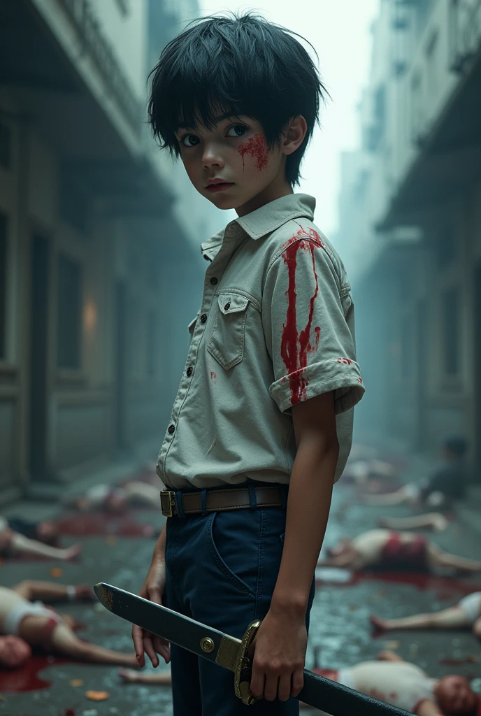 A boy skin tone ( and, 1 is skin tone 100% white he is a 4), with a very beautiful profiled face black hair approximately . With a bloody sword unsheathed, and around him the 9 corpses of those who turned out to be victims of his sword. There are also blood splatters on his intact body., His clothes are slightly scratched on his right arm, which is where he holds his sword.. Your clothes can be defined, He has a white flannel shirt and his pants are a very dark blue yin color, white shoes. The camera angle is facing him, he looks like he's looking at the camera., esta en un ambiente como una buena ciudad pero andn avitantes