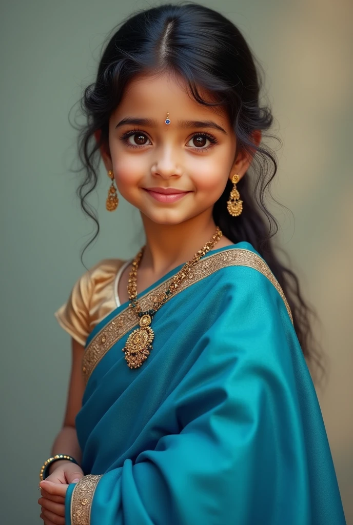 a beautiful young indian girl, 2, wearing a blue saree, porcelain white skin, extremely detailed portrait, high quality, realistic, photorealistic, 8k, best quality, masterpiece, sharp focus, physically-based rendering, vivid colors, intricate details, elegant pose, serene expression, soft lighting, warm color tones,same face