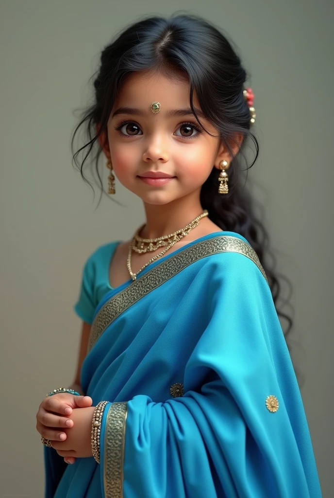a beautiful young indian girl, 2, wearing a blue saree, porcelain white skin, extremely detailed portrait, high quality, realistic, photorealistic, 8k, best quality, masterpiece, sharp focus, physically-based rendering, vivid colors, intricate details, elegant pose, serene expression, soft lighting, warm color tones,same face