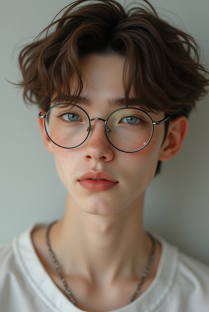 (photorealism:5.5) Pale boy, 20 years old light brown hair, disheveled, mod-cut Round almond-shaped eyes in light blue, long eyelashes and very thin eyebrows. glasses.
nose respingada, thick and soft upper lip, straight white teeth, freckles on the cheekbones, nose, shoulders, elbows, hands, knees oval face, good facial development, low facial fat,marked jaw Thin Quiet, relaxed thin