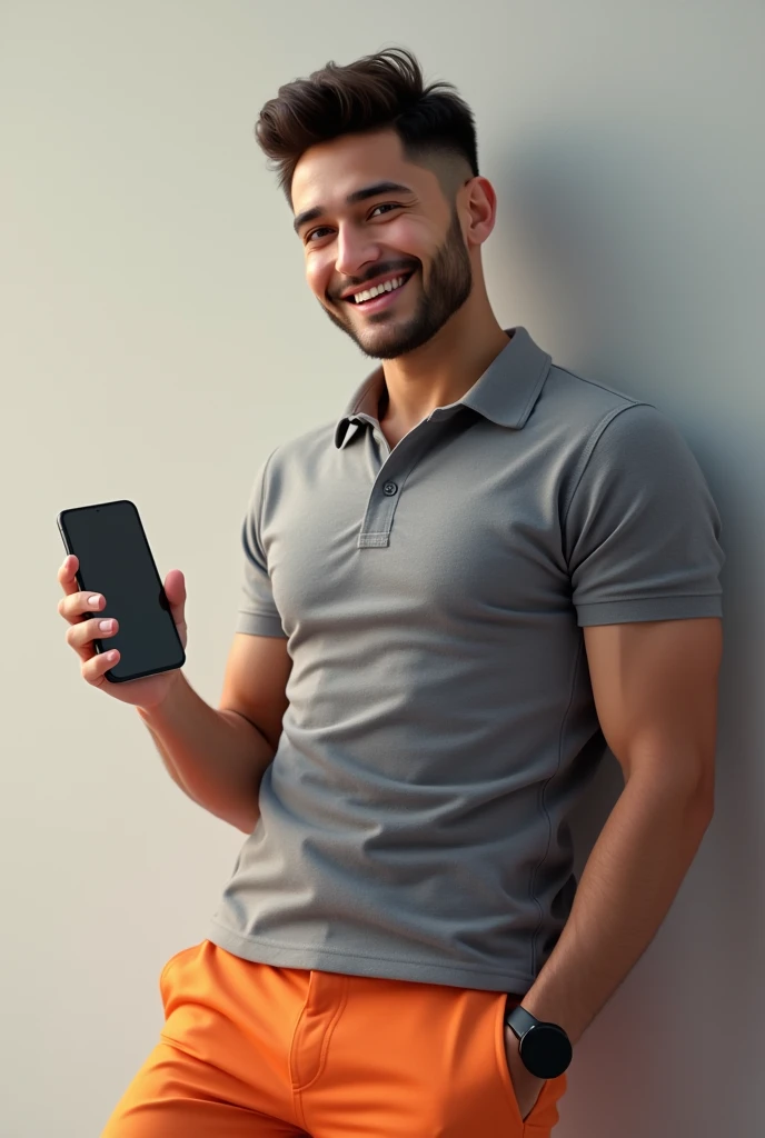 Royal young man leaning with one foot to the right, showing the screen of his cell phone, grey polo, orange pants, and showing his thumb up