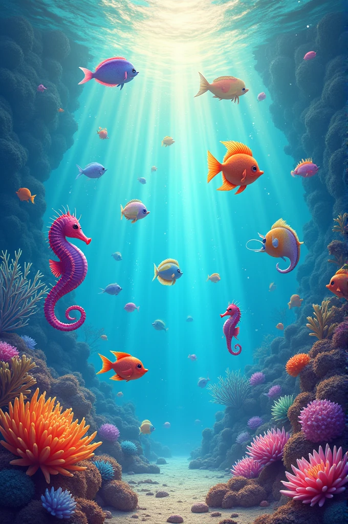 Colorfull ocean creatutes with sparklimg water