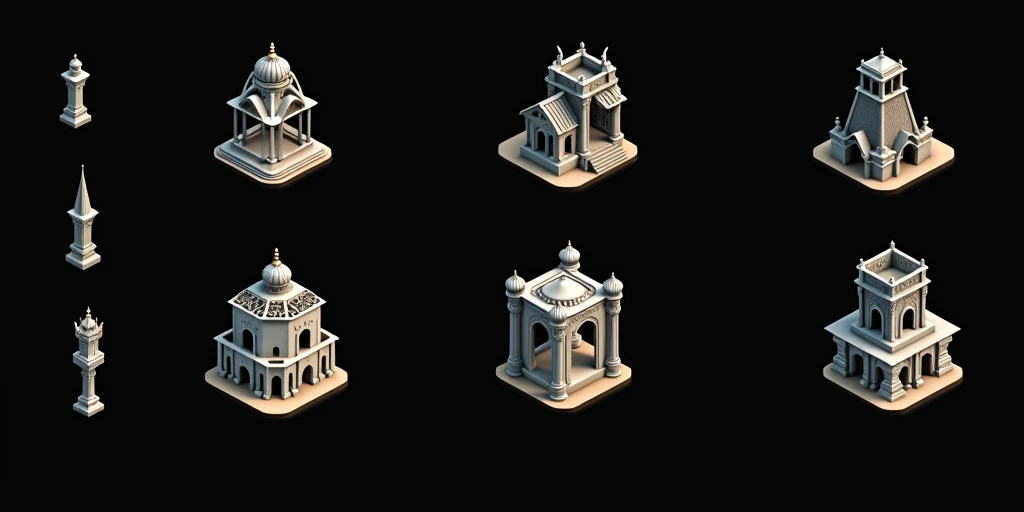 a close up of a bunch of different buildings with a clock on top, detailed buildings, small buildings, Castles and temple details, isometric palace, ancient buildings, prerendered isometric graphics, buildings, game assets, isometric game feature, large temples, Isometric views, temple background, isometric game art, intricately detailed buildings, 3D Renderings