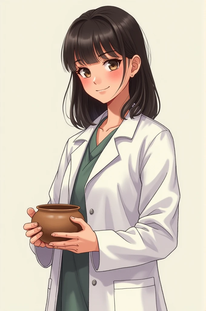 I want a physiotherapist with light brown skin wearing a physiotherapist's coat. This image has to be from the waist up, with straight hair and a side fringe as if it were a drawing and a pottery in her hand.