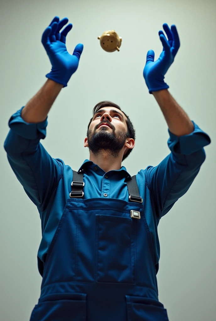 man in profile, raising his arms above his head receiving something with his open and separated hands, wearing his blue gloves, Blue mechanic&#39;s apron, blue shirt