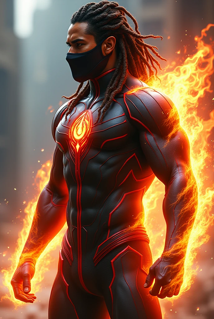 Design a superhero in a sleek, black and red bodysuit with mystical, ember-like glowing patterns. The suit has a right arm made of flames that shift color from red to golden based on power. It features a specialized back holder for a floating trishul and a large golden trishul emblem on the back. The hero wears a half-face mask, and their long hair is styled like Lord Shiva’s jata. No cape, focus on a combat-ready, muscular appearance.

Style: Mystical, futuristic, and detailed.