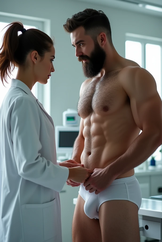 Female doctor examining the groin of a strong hairy bearded man wearing only white underwear.