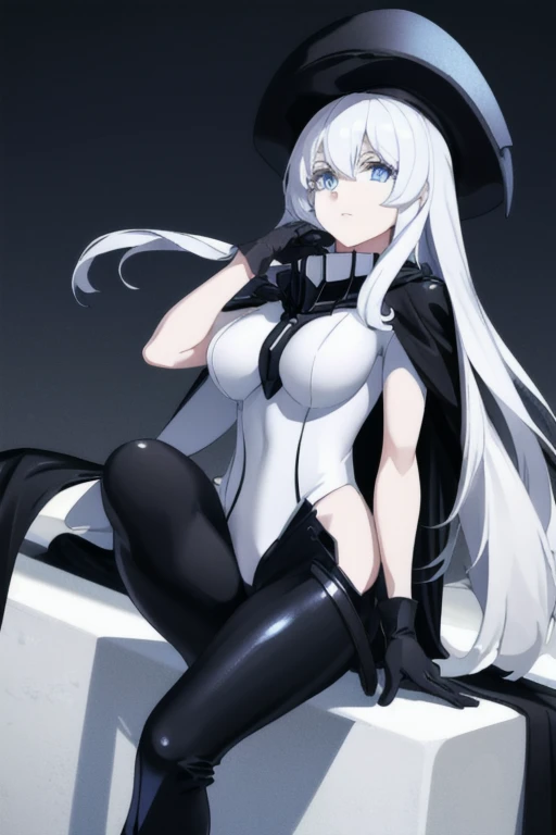 wo-class aircraft carrier, hat, gloves, hair, 1girl, white hair, solo, white skin, black gloves, bodysuit, blue eyes, black cape, leather pants, Masterpiece, Best Quality, night