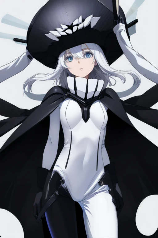 wo-class aircraft carrier, hat, gloves, hair, 1girl, white hair, solo, white skin, black gloves, bodysuit, blue eyes, black cape, leather pants, Masterpiece, Best Quality, night