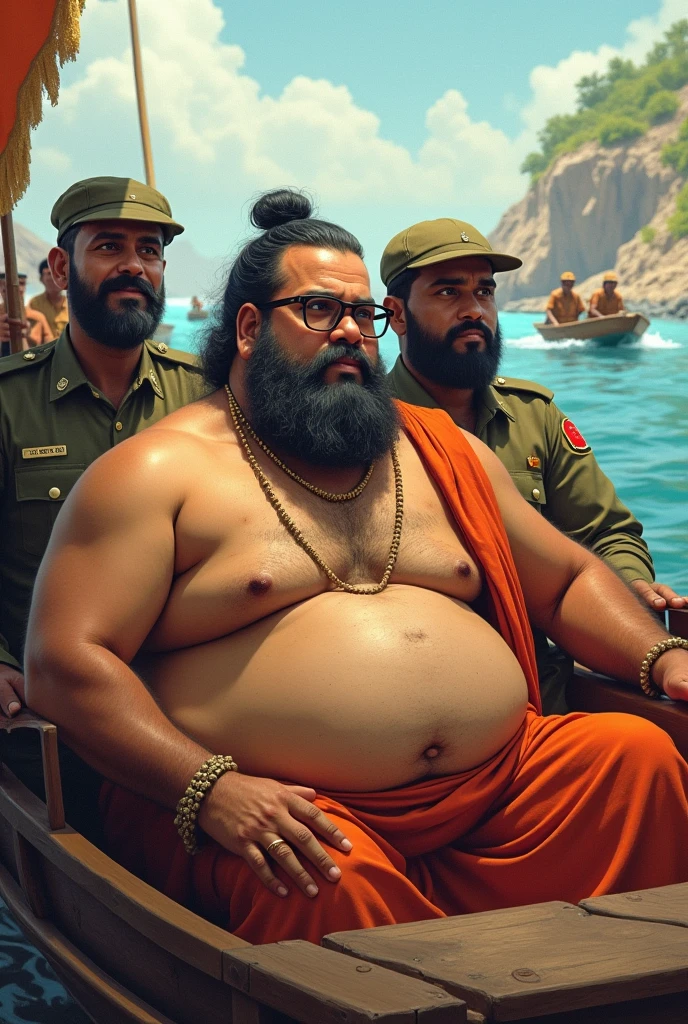 A fat without bearded gentleman sits on a boat in a lungi, glasses on his eyes. 
There are some soldiers in the boat.