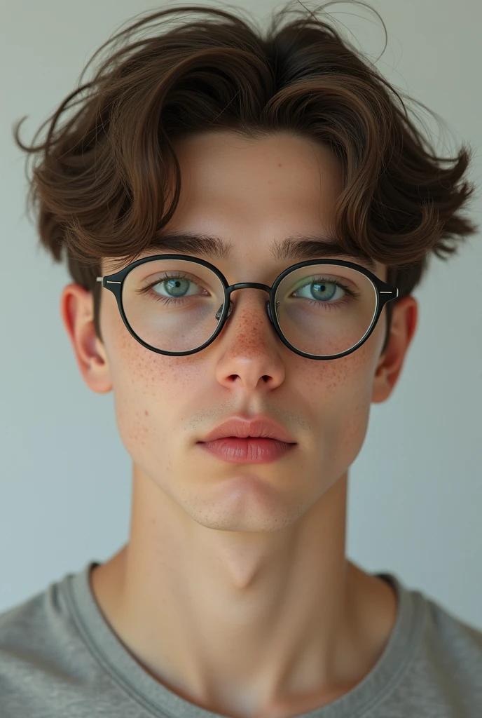 (photorealism:5.5) Pale boy, 20 years old light brown hair, disheveled, mod-cut Round almond-shaped eyes in light blue, long eyelashes and very thin eyebrows. glasses.
nose respingada, thick and soft upper lip, straight white teeth, freckles on the cheekbones, nose, shoulders, elbows, hands, knees oval face, good facial development, low facial fat,marked jaw Thin Quiet, relaxed thin