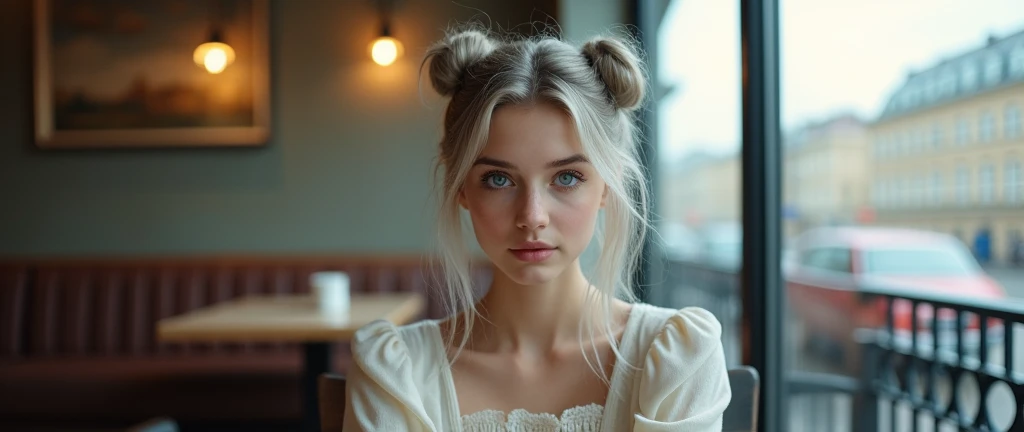 Beautiful girl with fair skin, 20 years, light gray hair gathered into two buns, Blue eyes, sits elegantly in a coffee shop, Sits up straight, Look directly into the camera, in the background is a large window overlooking Saint. Petersburg, Really, Photo, 4K