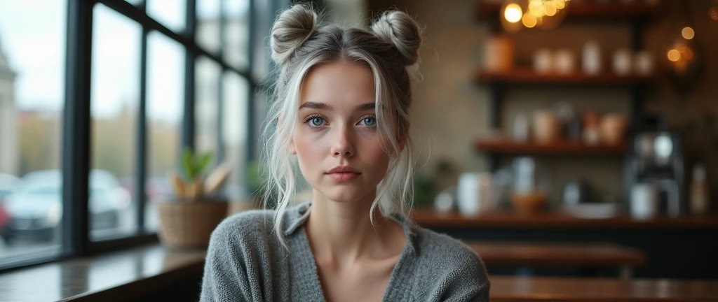 Beautiful girl with fair skin, 20 years, light gray hair gathered into two buns, Blue eyes, sits elegantly in a coffee shop, Sits up straight, Look directly into the camera, in the background is a large window overlooking Saint. Petersburg, Really, Photo, 4K