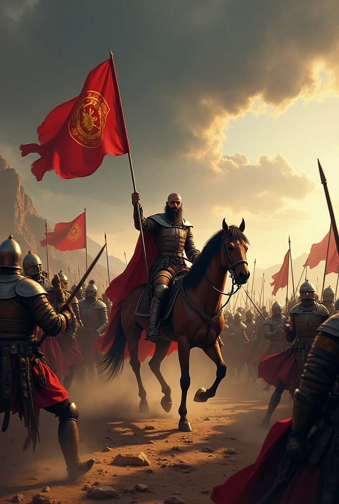 "Create a dramatic scene depicting a historical battle led by Imad ad-Din. The setting is a vast, arid landscape with mountains in the background. In the foreground, a diverse group of soldiers in traditional medieval armor, wielding swords and shields, are engaged in fierce combat. Imad ad-Din, a charismatic leader, is at the center, riding a majestic horse, rallying his troops with a determined expression. The sky is filled with dark clouds, hinting at an impending storm, while banners flutter in the wind, showcasing the emblem of his army. The atmosphere is tense and dynamic, capturing the essence of a pivotal moment in history."