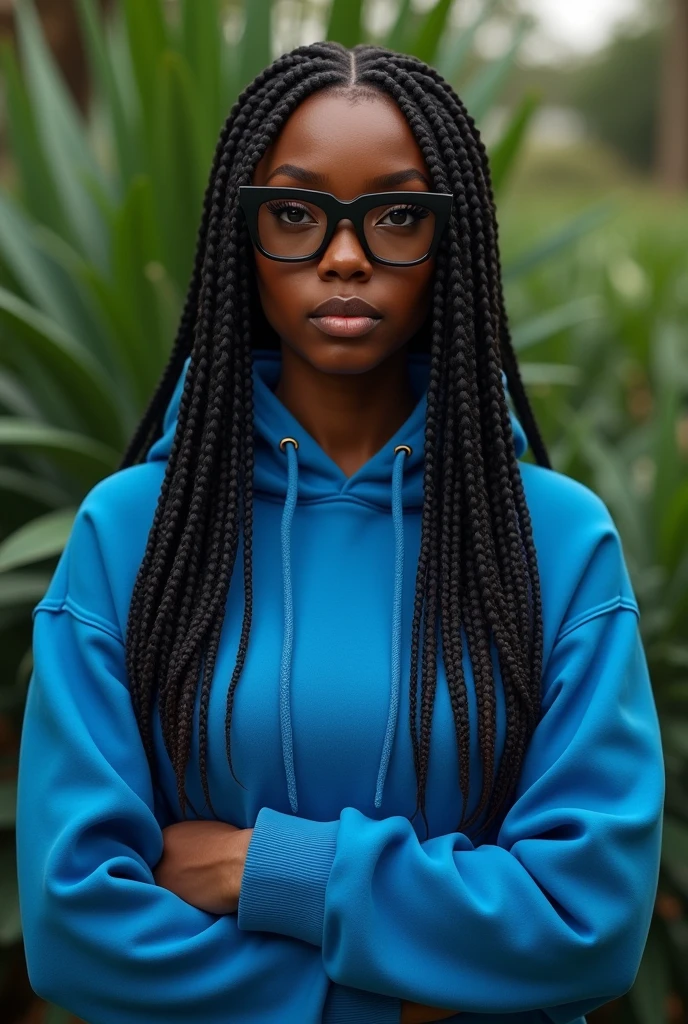 (photorealism:1.2), beautiful black African woman,22 years,sharp boobs,wearing a fitting blue hoodie,long braids,oversized photo chromatic glasses, standing , plants in background