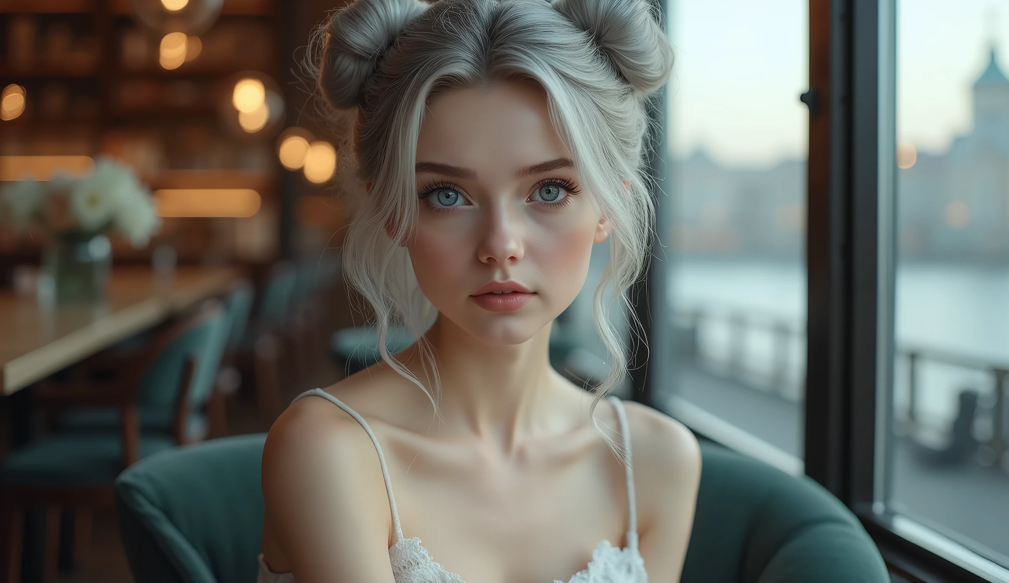 Beautiful girl with fair skin, 20 years, light gray hair gathered into two buns, Blue eyes, sits elegantly in a coffee shop, Sits up straight, look straight into the camera, in the background there is a large window with a view of St. Petersburg, realistically, photo, 4k