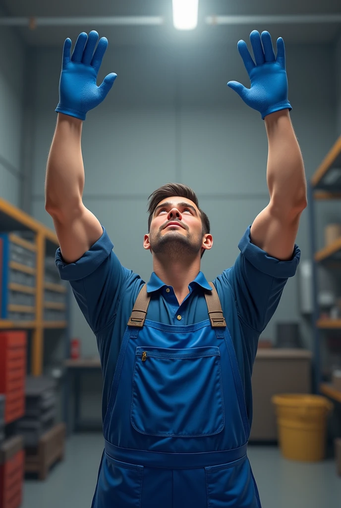 side man, raising his arms above his head receiving something with his open and separated hands, wearing his blue gloves, Blue mechanic's apron, blue shirt