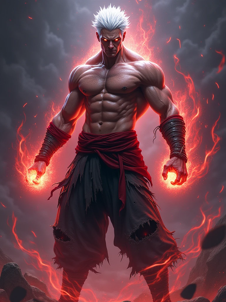 a powerful warrior character with spiky white hair and glowing eyes. The character should have a muscular, bare-chested upper body, wearing loose, tattered black pants held up by a red sash around the waist. Surround the warrior with a dark, purplish-red energy aura that swirls chaotically around their hands and feet, giving a sense of fiery, dangerous power. The character's expression should be fierce and intense, conveying readiness for battle and an overwhelming sense of strength.