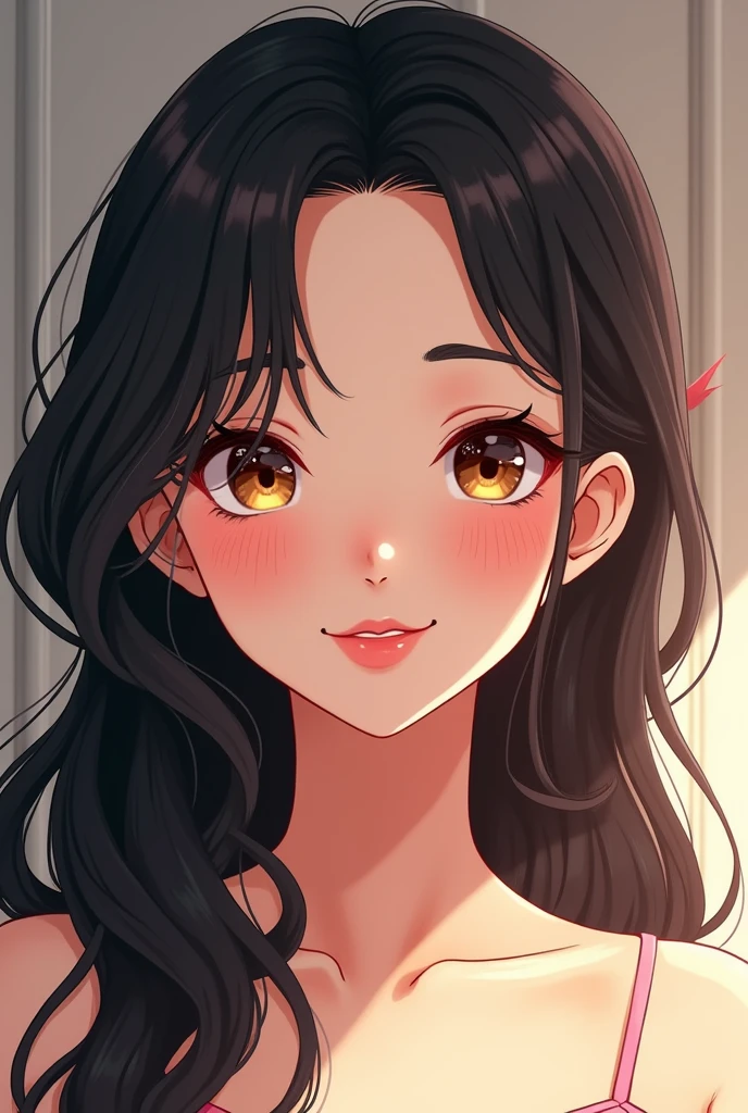 Anime An 31-year-old woman, with long black hair, round face, charming smile, and brown eyes. Desenho Pack