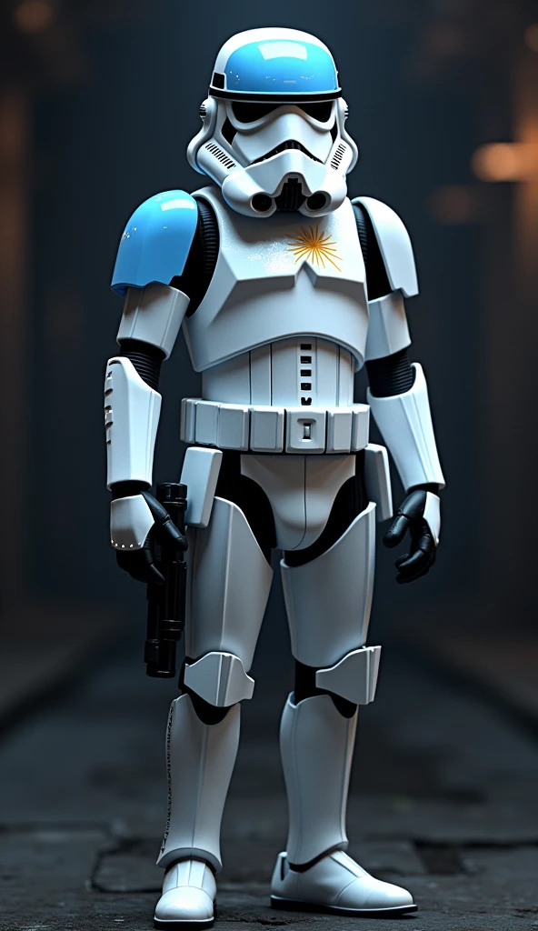 Create an image of Argentina as a Star Wars stormtrooper. The design should feature traditional stormtrooper elements, such as the white armor and helmet, but with Argentine details. The helmet should prominently display the Argentine flag. Incorporate the light blue and white colors, and other iconic symbols of Argentina into the armor. The environment should have a dark, Star Wars-themed backdrop, adding an atmospheric and dramatic touch to the scene. The image should creatively blend the stormtrooper's classic appearance with Argentine elements in a moody, Star Wars-inspired setting.