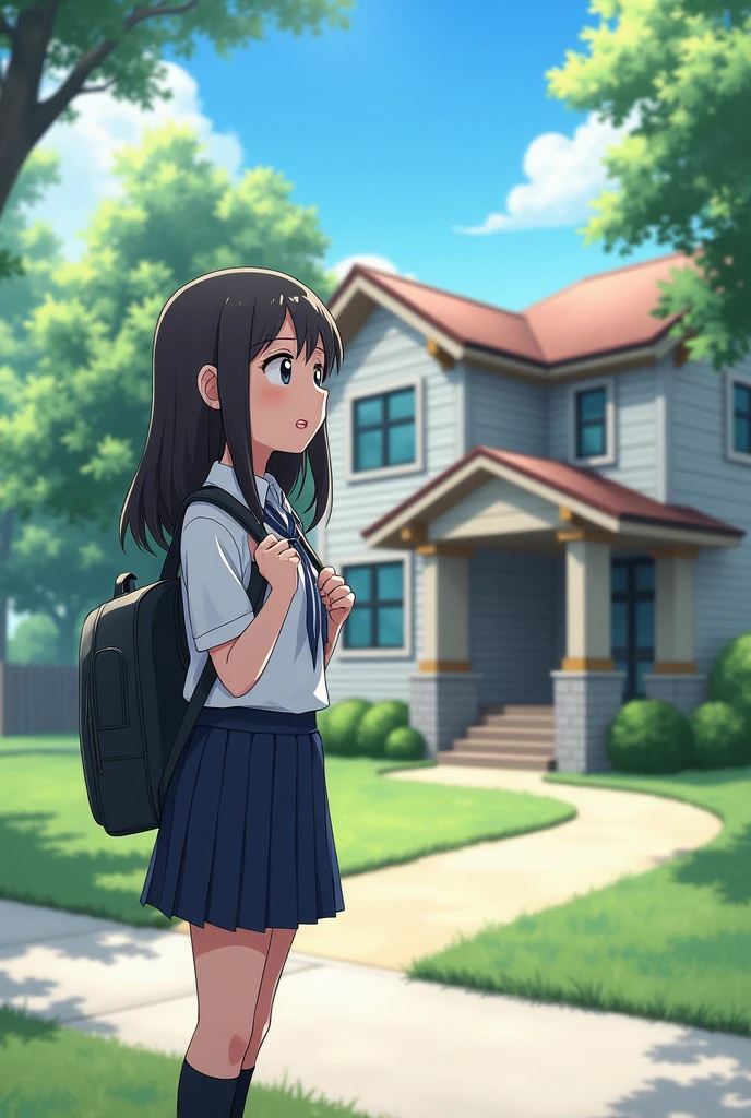 A girl wearing school uniform holding her bag
Then she stopped at infront of her friend home