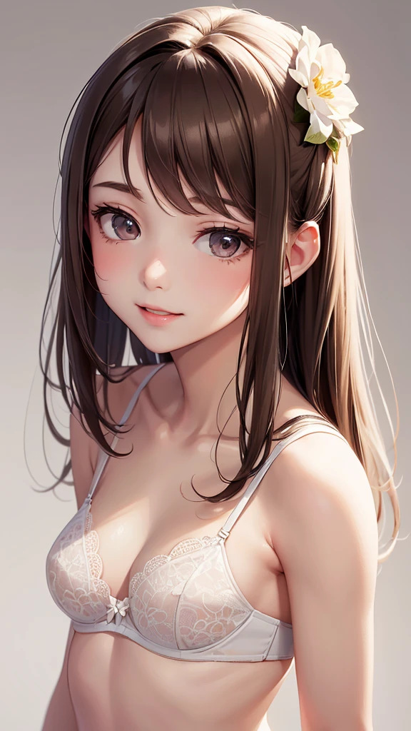 Best Quality,High resolution,8k,(plain white background, no patterns, no textures, just a plain white background:1.3),Masterpiece:1.2),beautiful girl,Big Breasts,(Shiny brown hair:1.3),messy hair,Beautiful brown eyes,A set of lingerie featuring intricate lace detailing(pink color). The bra has delicate lace trim along the edges with a floral or geometric pattern, and adjustable straps with small, refined accents. The panties are designed with matching lace, featuring a soft, breathable fabric with a touch of elegance. The color scheme is sophisticated, such as soft pastels or classic black with subtle touches of gold or silver,Gentle look,A refreshing look,smile,Best quality,Best Quality,Aesthetic and aesthetic:1.2,Best details((Super detailed))(High-definition CG illustrations),Slender body,smile,blush,cute,Scrounge,Looking up,Being spoiled,wariza