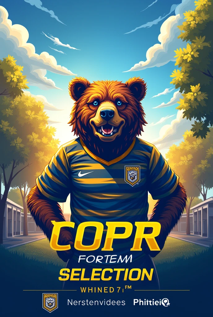 I would like some models, It would be to publicize the selection process for the football team(soccer) from college. Make the image representing the team considering the following characteristics: the team colors are blue,amarelo e branco, the team mascot is a bear. Yet, put the following information in the image: 31/08 (selection date), 9:00 hours (selection time), UTFPR Neoville, R. Pedro Gusso, 2601, Neoville - Industrial City of Curitiba (local).