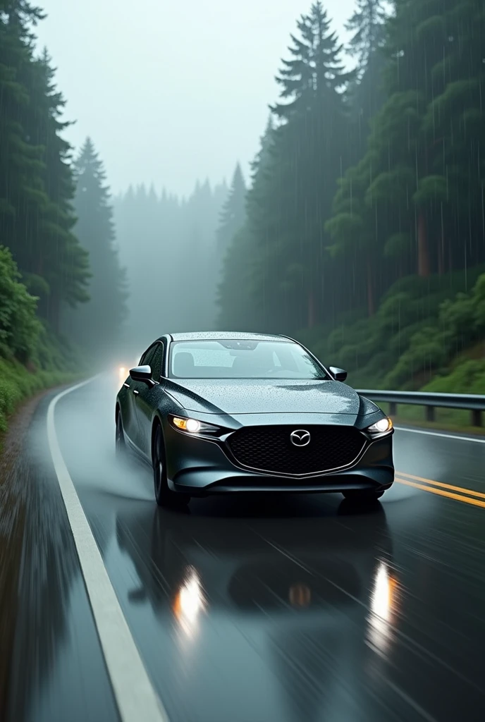 Mazda 3 turbo gray color highway raining