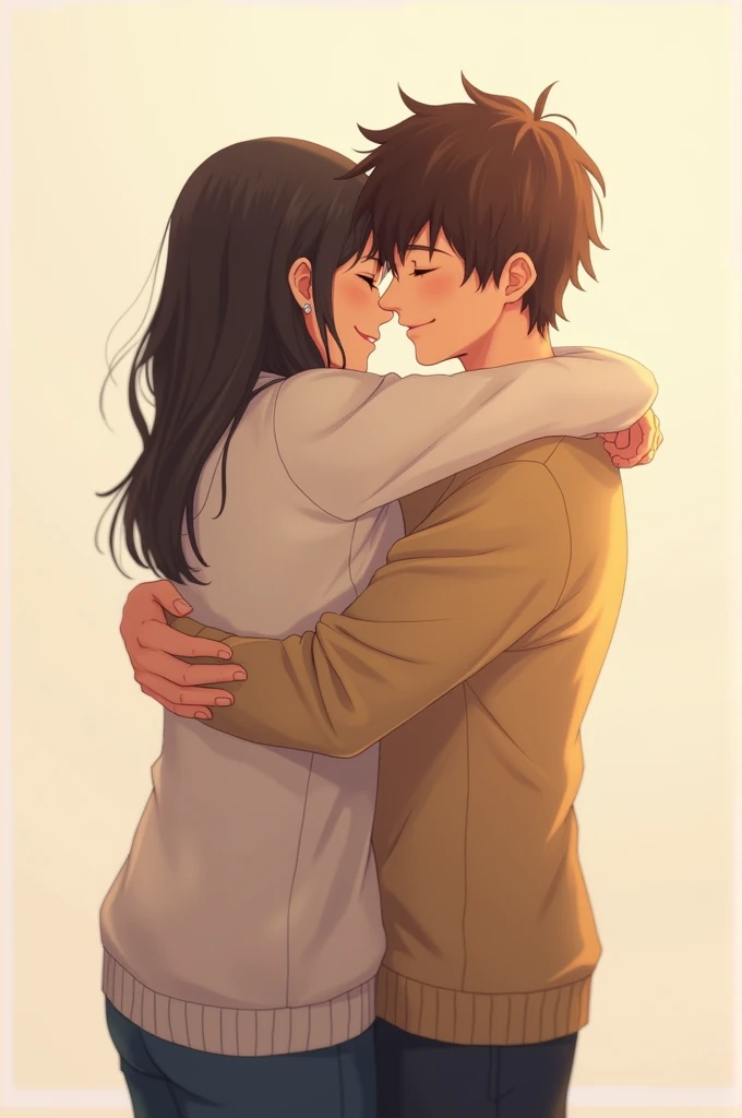 The person on the right hugs the person on the left and the person on the left hugs the person on the right.