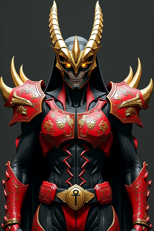 Kamen Rider
Here’s the translation:
---
### Kamen Rider Sekuros Design (Revised Version)
**Overall Concept:**
- **Motif:** A design that combines the elements of a demon, a dark lord, and a black goat (evoking an evil and powerful impression), with influences from ancient Egyptian mysticism.
**Head:**
- **Horns:** Short gold horns extend vertically from the top of the head, inspired by the design of a black goat. These horns are intricately engraved with vertical patterns, resembling the hieroglyphs and symbols found in ancient Egyptian temples.
- **Compound Eyes:** Sharp yellow compound eyes that jut out diagonally to the sides, enhancing the character's intimidating presence.
- **Mouth:** A subtly designed, twisted cold smile with no visible fangs. The mouth area features a pattern that mimics a sinister smile, crafted to evoke the mysterious powers of ancient Egyptian deities.
**Body and Armor:**
- **Undersuit:** The base is black, adorned with organic patterns that give the impression of a parasitic infestation, adding a disturbing, lifelike quality. The patterns intertwine with ancient Egyptian symbols and hieroglyphs, enhancing the mystical feel.
- **Armor Placement:**
- **Torso:** The chest is protected by thick, blood-red armor, with ancient Egyptian deity symbols and the motif of the Ankh (a symbol of life) prominently displayed on the surface.
- **Arms:** The arms and shoulders are covered with red armor, decorated with elements reminiscent of the attire of ancient Egyptian gods.
- **Shoulders:** The red spiked shoulder armor features engravings that evoke Anubis, the Egyptian god of death, emphasizing a demonic motif.
- **Shins:** Red armor with Egyptian hieroglyphs and the names of ancient gods as seen on temple walls.
- **Lines and Details:** White lines run irregularly across the body and armor, creating a faint glow in the dark, adding a creepy effect. Additionally, various ancient decorative elements reminiscent of Egyptian temples are