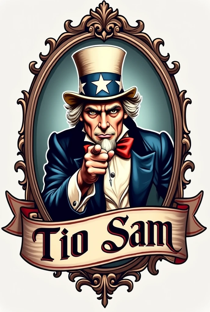 Create a logo called "Tio Sam Studio"
The idea is to bring a mirror and Uncle Sam coming out of it holding a professional tattoo needle as if he were tattooing someone and below the image the name of the company.. Remember I want a logo for a professional tattoo studio, be more detailed in Uncle Sam 