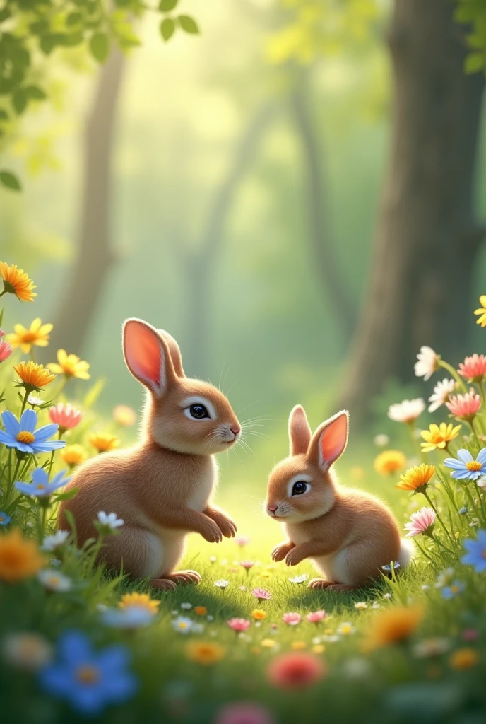 A realistic image of the baby rabbits, the same small and fluffy rabbits, playing in a patch of wildflowers in the forest. The mother rabbit is nearby, keeping a watchful eye on them as they enjoy their first adventure outside the burrow. The scene is lively and full of the joys of discovery.