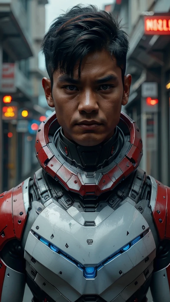 a young Malaysia man, tan skin .19 year old boy wearing a red and white exoskeleton armor, a robot face on his chest , malaysian mullet wolfcut hairstyle. Red ear mount . black hair mix little white hair. , detailed face and eyes, highly detailed, 8k, photorealistic, cinematic lighting, concept art, sci-fi. Led light blue.led light anger robot face on body Punisher. Marvel. Alien robot face on body. Mechamato. Robot face on chest. Talking anger robot on chest. Angry red Robot emoji on body.. robot eyes blue. Glowwing on nipple.