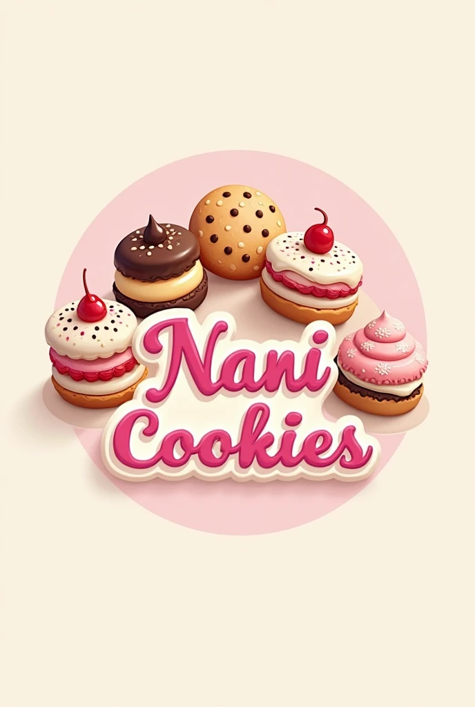 A cookie logo with the word nani cookies in pink with prettier cookies