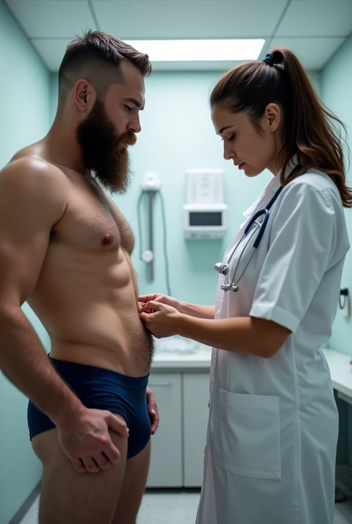 Female doctor examining the groin of a strong hairy bearded man wearing only navy blue underwear.
