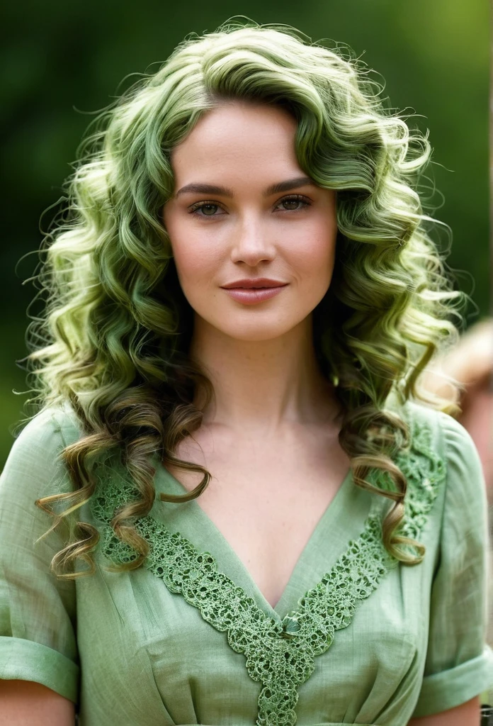 Long curly linen-colored hair Oval face Clothing: old-fashioned green dress Skin color that matches the hair With considerable attributes