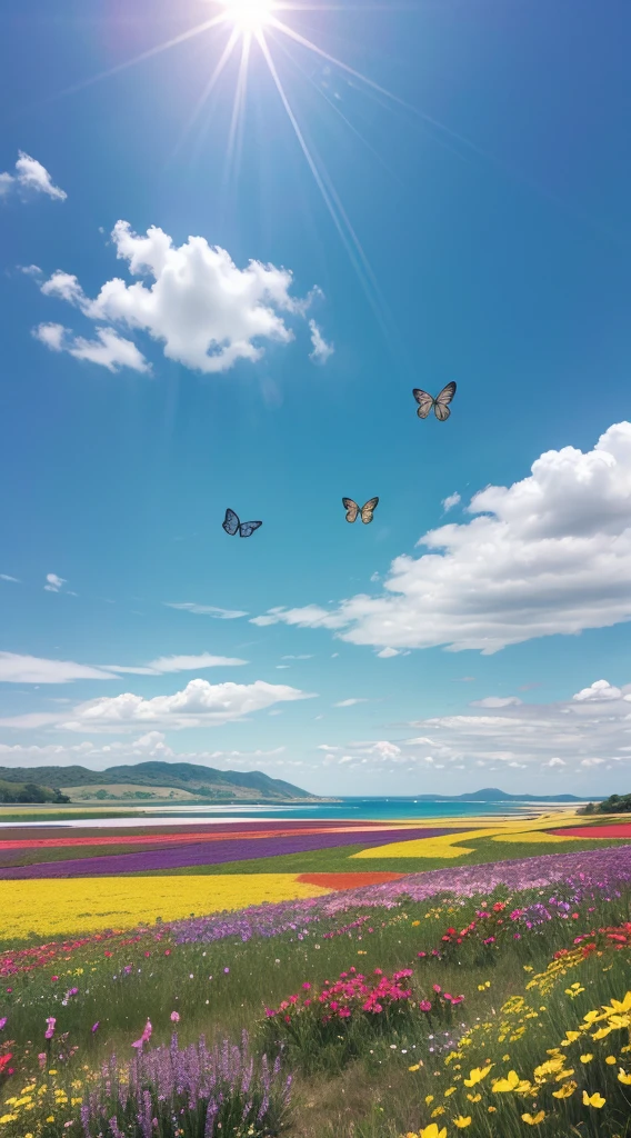 A vast field full of multicolored flowers, extending as far as the eye can see. The flowers range in vibrant colors – yellow, Pink, purple, and red – gently swaying in the wind under a crystal blue sky, no clouds, with the sun shining brightly. over the horizon, the sky merges with the sea of flowers, creating a harmonious and serene landscape. Some butterflies and bees fly from flower to flower, complementing the natural scene. The environment transmits peace and beauty, with an explosion of colors contrasting with the perfect blue sky.
