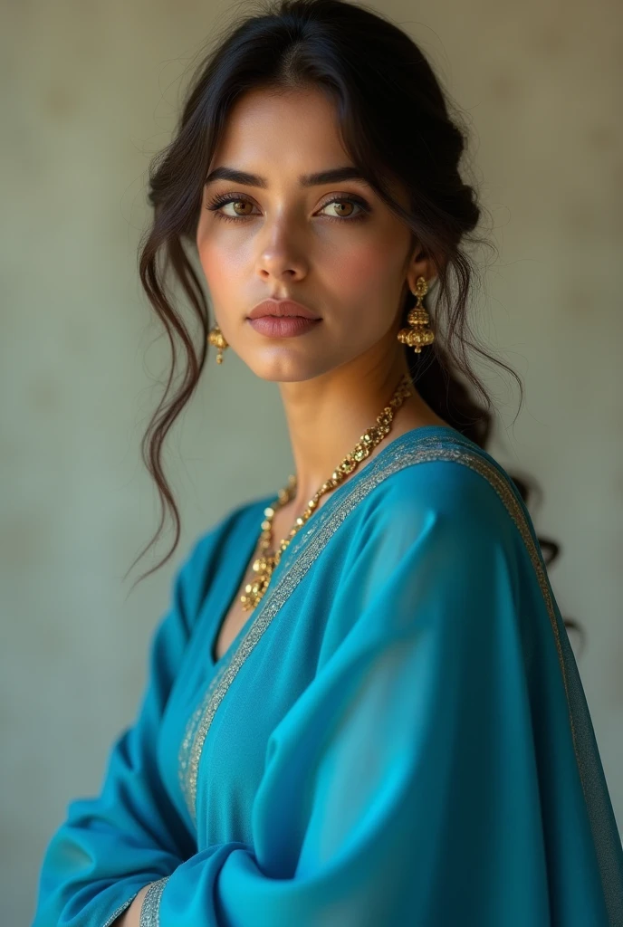a beautiful young indian girl, wearing a blue saree, porcelain white skin, extremely detailed portrait, high quality, realistic, photorealistic, 8k, best quality, masterpiece, sharp focus, physically-based rendering, vivid colors, intricate details, elegant pose, serene expression, soft lighting, warm color tones,same face