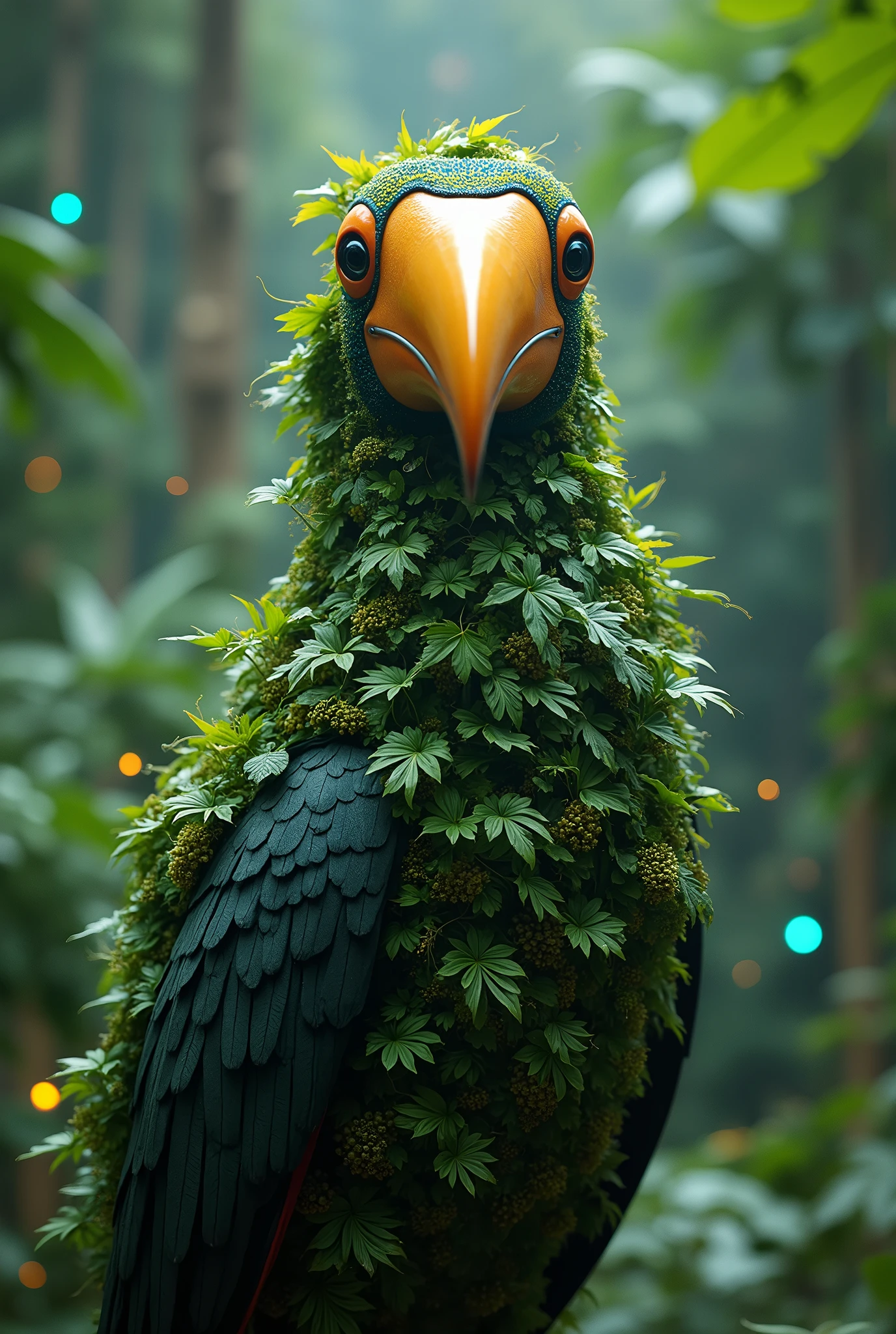 a humanoid artificial intelligence toucan facing the camera with its body made of tropical plants uniting digital and natural 