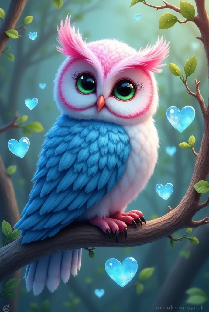 A blue owl with a pink head and green eyes sits on a branch with blue hearts.